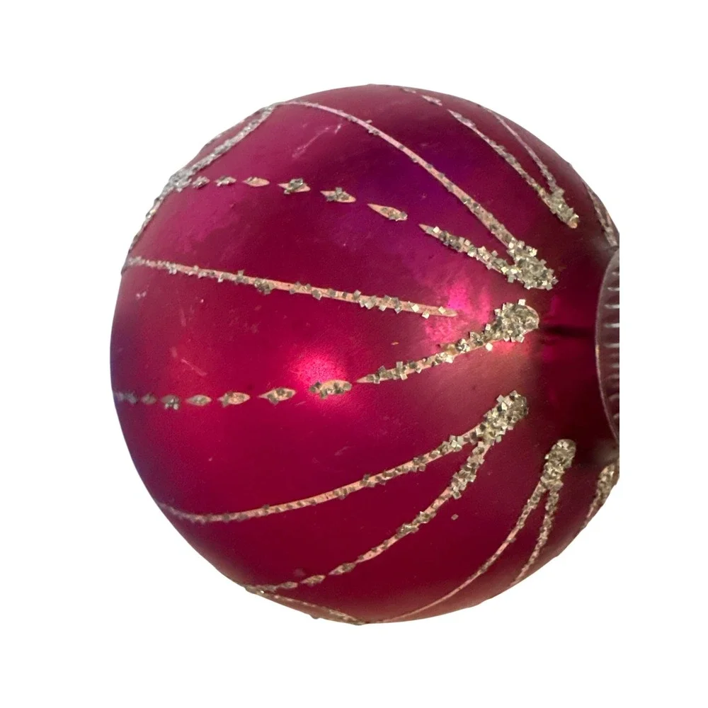 West Germany Glass‎ Christmas Ornament Magenta Glitter Design 2.5